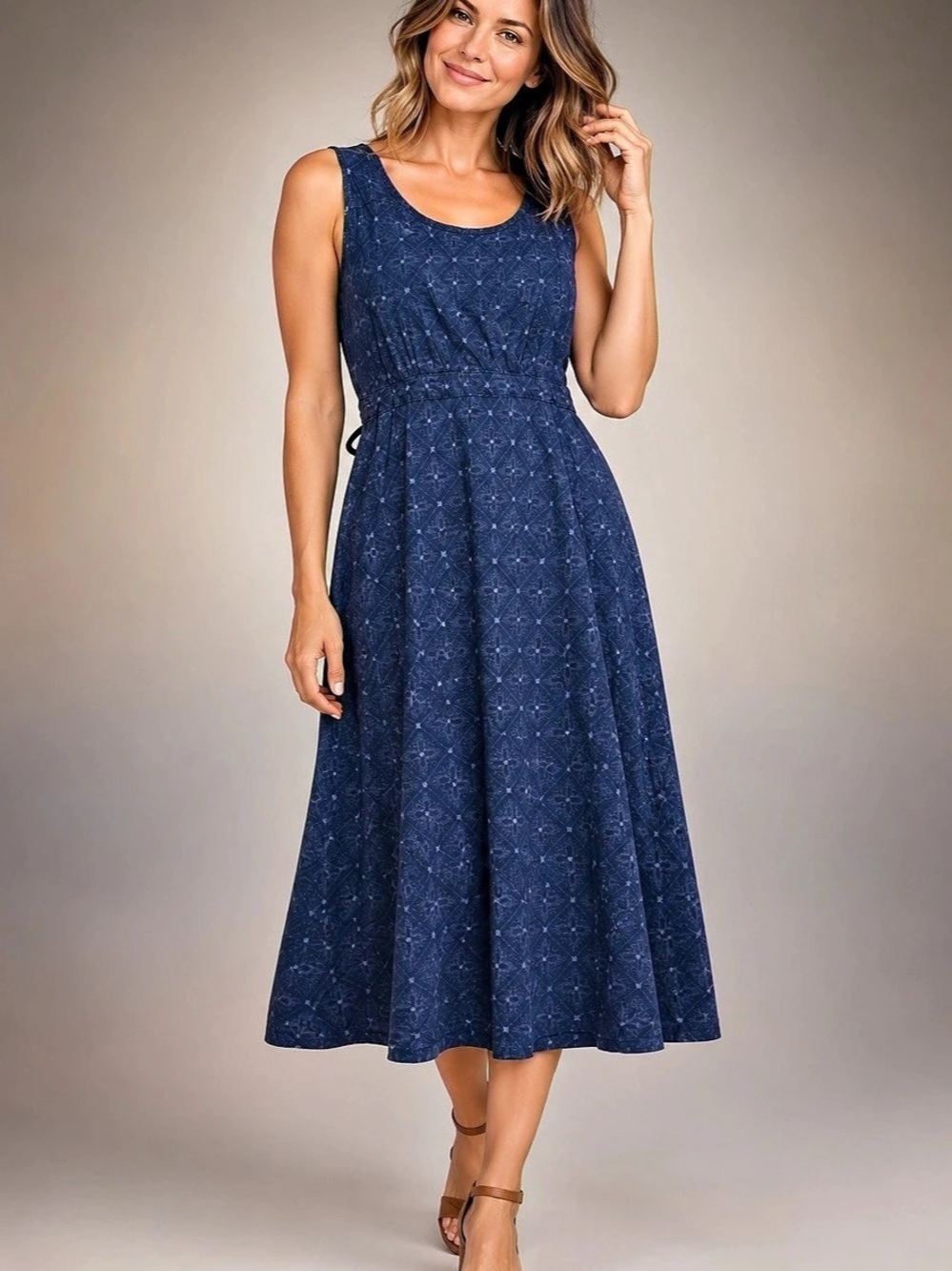 Vintage Eddie Bauer Outdoor Blue Cotton Midi Dress Size M Tie Waist